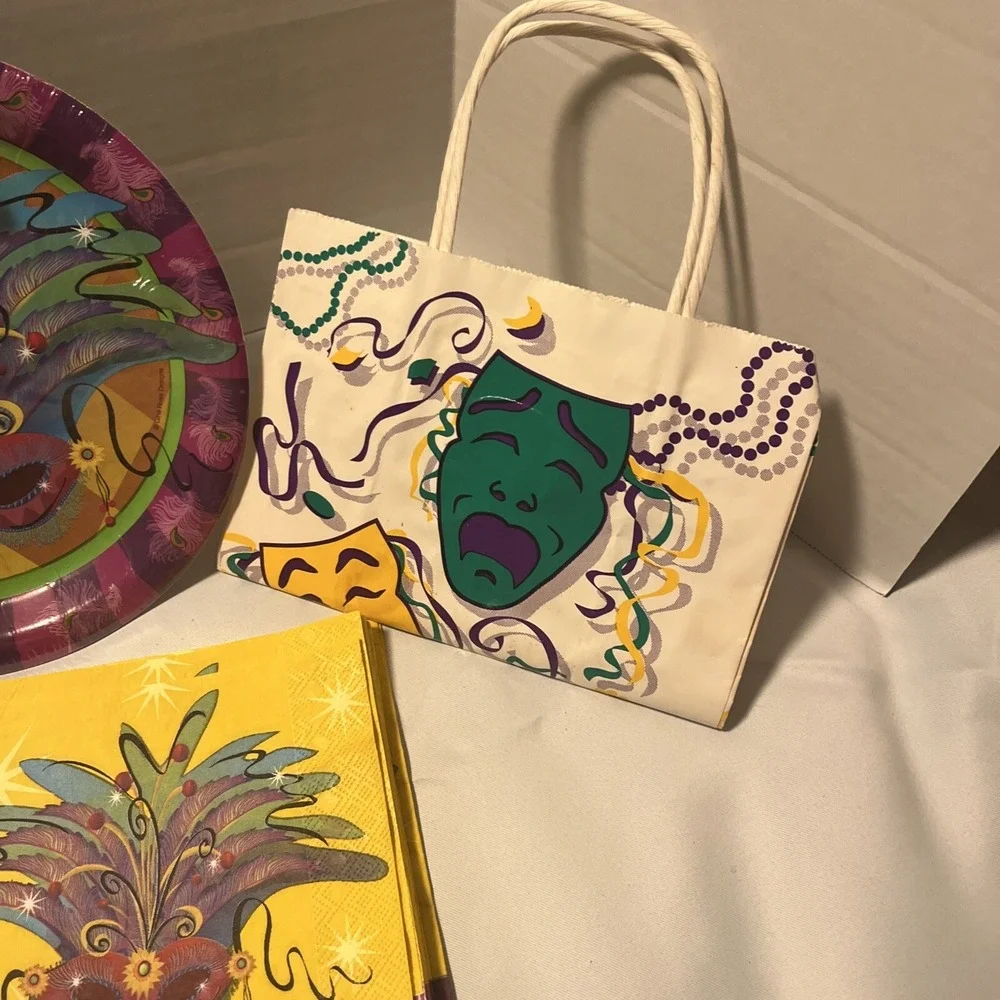 Mardi Gras Masquerade Party  Paper Plates And Napkins Lot With A Vintage Bag